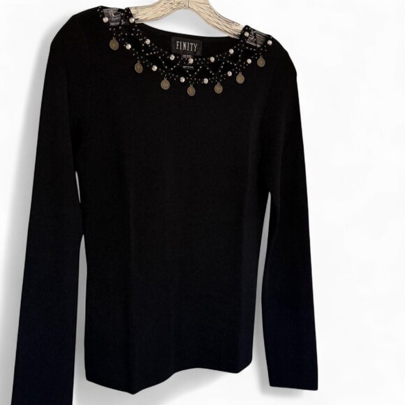 Finity BEADED TOP Cut-Out Neckline Rhinestone Coins BOHO Casual Lightweight Knit - Picture 8 of 12